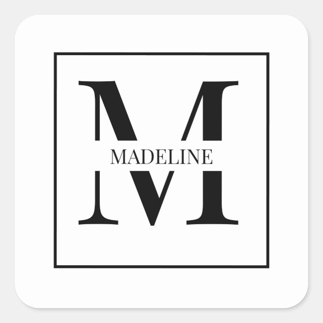 Elegant Modern Personalised Monogram White Square Sticker (Front)