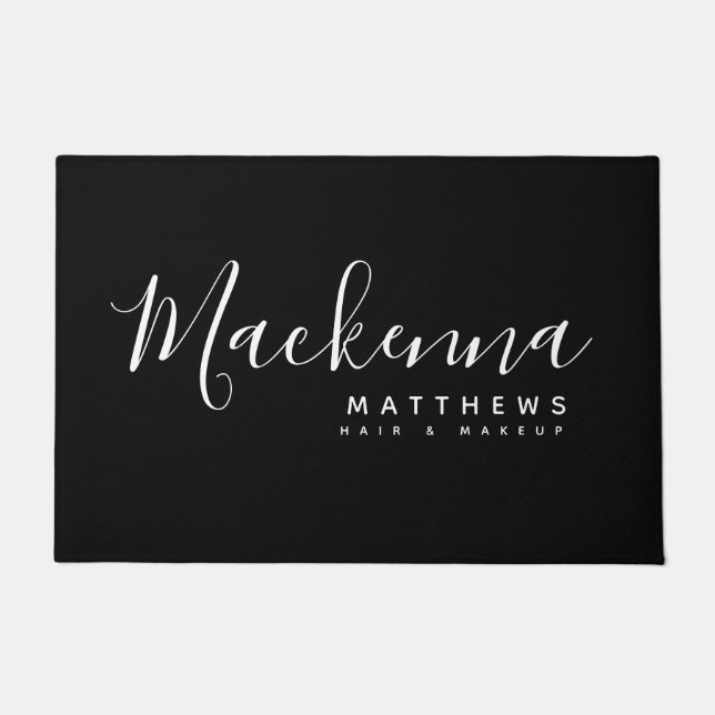 Elegant Modern Personalised Name Black Hairstylist Doormat (Front)