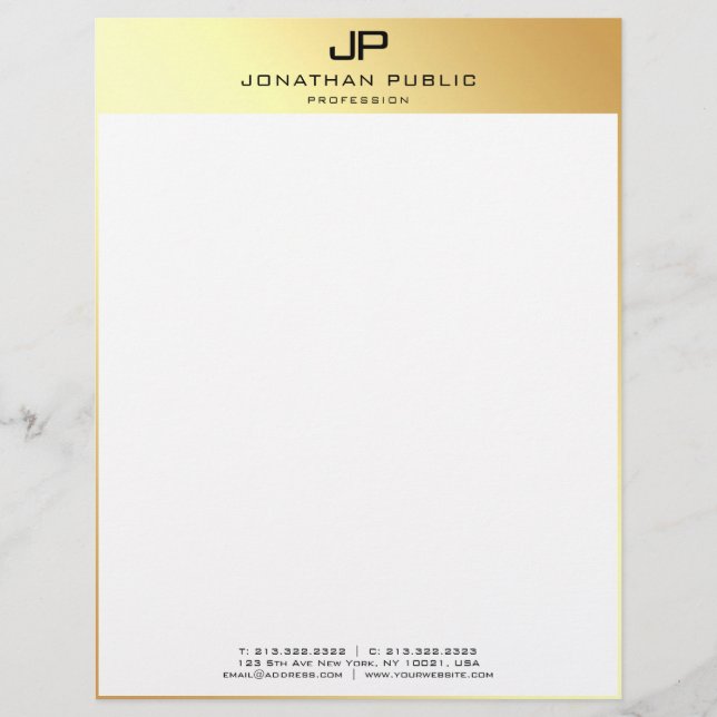 Elegant Modern Personalised Template Gold White Custom Letterhead (Front)