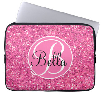 Elegant modern personalize pink sparkling glitter laptop sleeve