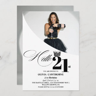 Elegant Modern Photo 21st Birthday White Black Invitation