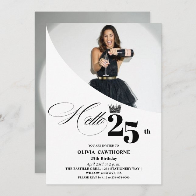 Elegant Modern Photo 25th Birthday White Black Invitation (Front/Back)