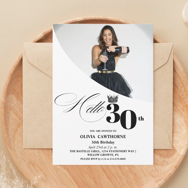 Elegant Modern Photo 30th Birthday White Black Invitation (Creator Uploaded)