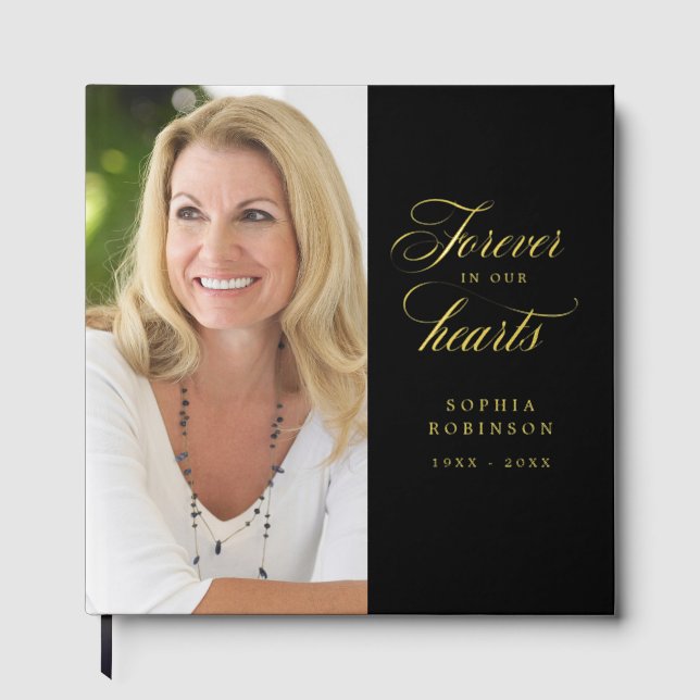 Elegant Modern Photo Black Funeral Memorial Gold Guest Book (Front)
