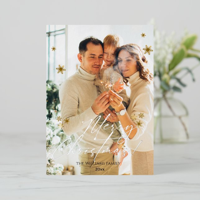  Elegant Modern Photo Merry Christmas  Foil Holiday Card (Standing Front)