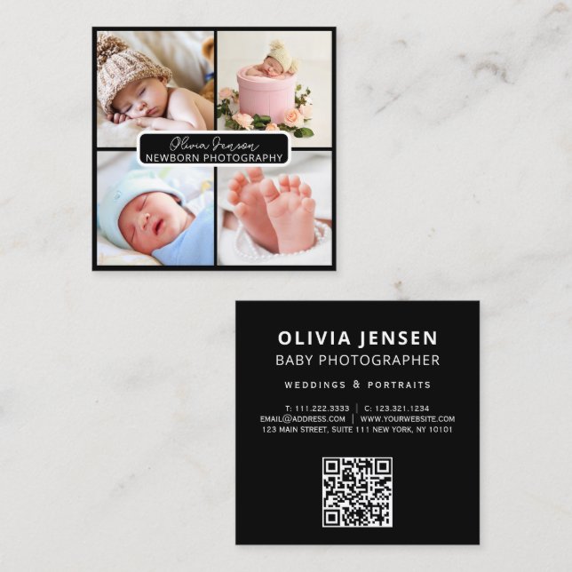 Elegant Modern photo Newborn Photographer qr code Square Business Card (Front/Back)