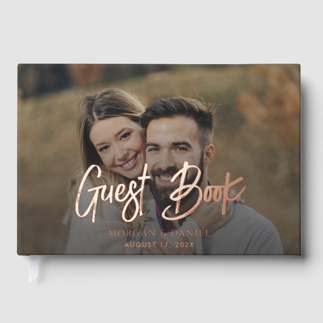 Elegant Modern Photo Script Rose Gold Foil Wedding Guest Book (Front)