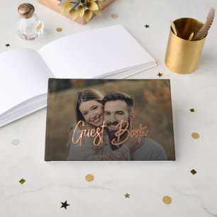 Elegant Modern Photo Script Rose Gold Foil Wedding Guest Book