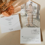 Elegant Modern Photo Wedding All In One Invitation<br><div class="desc">This elegant All-In-One Wedding Invitation features a sweeping script calligraphy text paired with a classy serif & modern sans font in black,  with a photo overlay on the front and a customisable monogram on the back. Matching items available.</div>