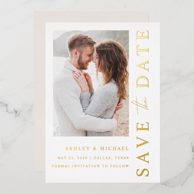 Elegant Modern Photo Wedding Save the Date Gold (Front/Back)