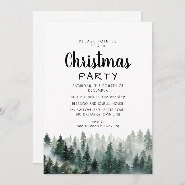 Elegant Modern Pine Forest Christmas Party Invitation (Front/Back)