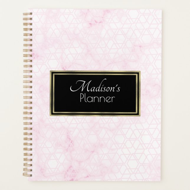Elegant Modern Pink Abstract Marble Name Gold Planner (Front)