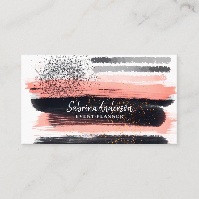 Elegant Modern Pink and Black Watercolor Abstract Business Card (Front)