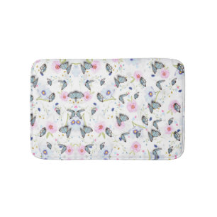 elegant modern pink and blue butterfly and flowers bath mat