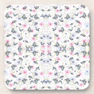 elegant modern pink and blue butterfly and flowers coaster