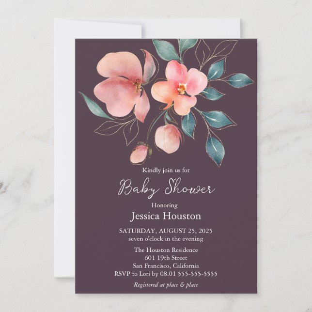Elegant Modern Pink and Gold Floral Baby Shower Invitation (Front)