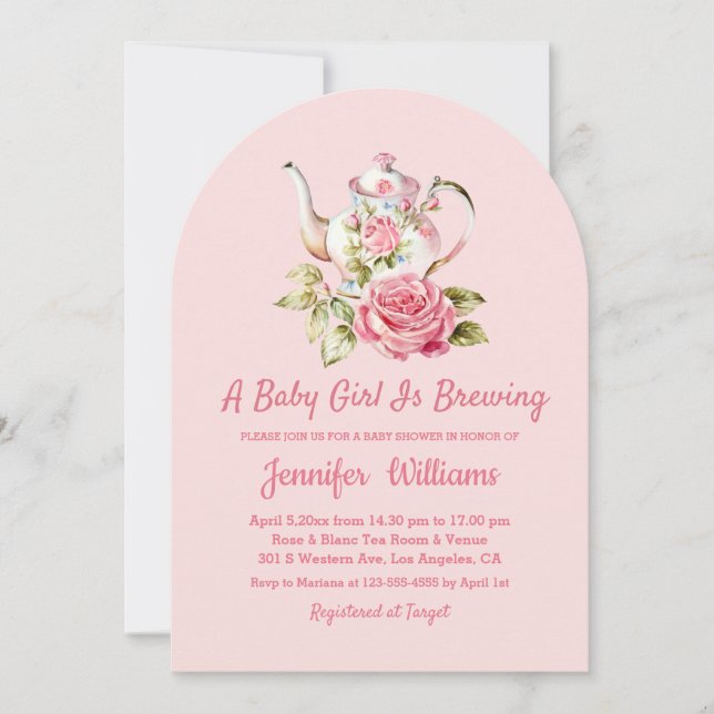 elegant modern pink arch tea party baby shower  invitation (Front)