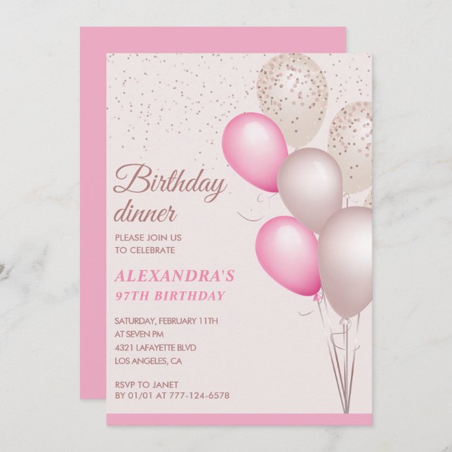 Elegant Modern Pink Birthday dinner 97th birthday Invitation (Front/Back)