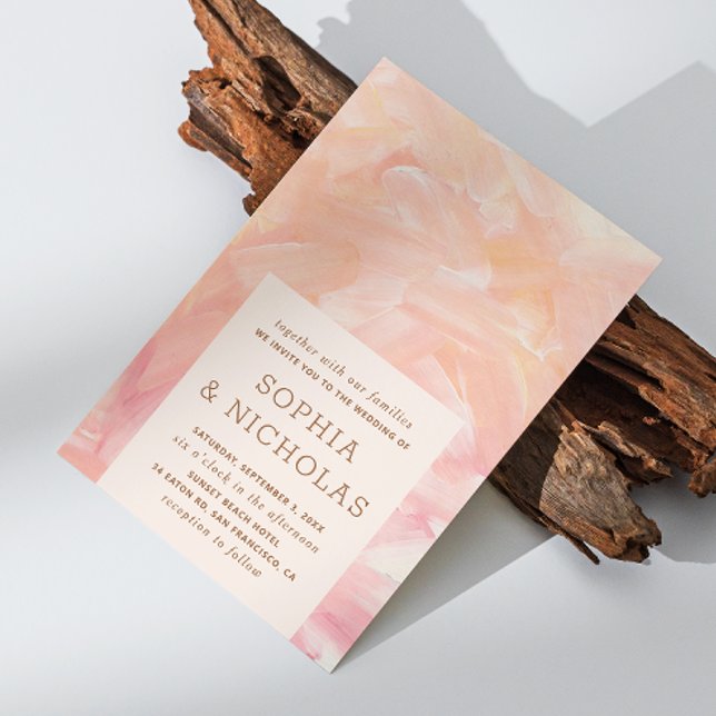 Elegant modern pink blush brush strokes wedding invitation (Creator Uploaded)