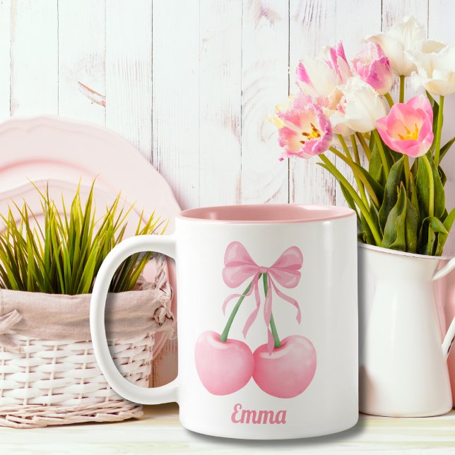 Elegant, Modern Pink Cherries with Pink Bow,Custom Two-Tone Coffee Mug (Creator Uploaded)