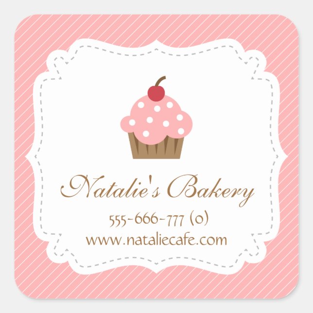 Elegant, Modern, Pink Cupcake, Bakery Square Sticker (Front)