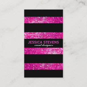Elegant Modern Pink Faux Glitter & Black Stripes Business Card