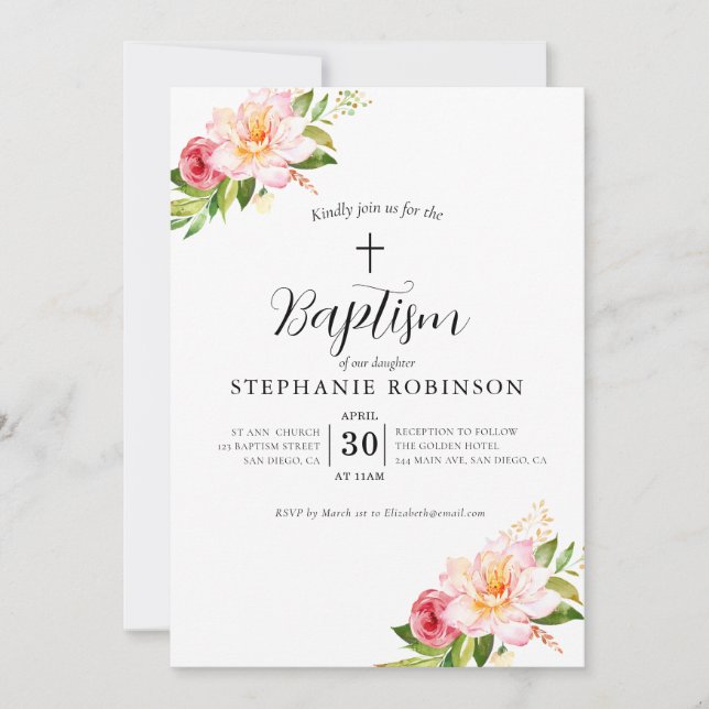 Elegant Modern Pink Floral Baptism  Invitation (Front)