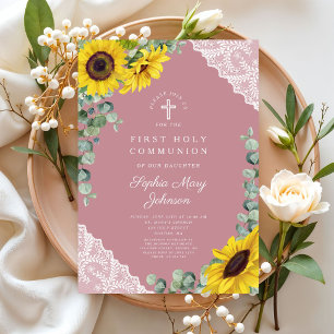 Elegant Modern Pink Floral Cross First Communion Invitation