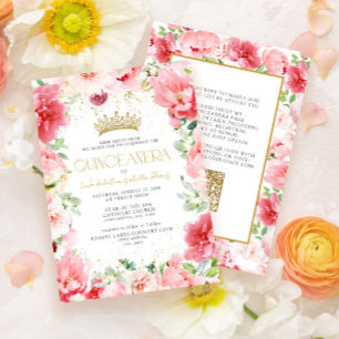 Elegant Modern Pink Floral Gold QR Quinceañera Invitation
