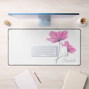  Elegant & Modern Pink Flowers Add Your Name White Desk Mat