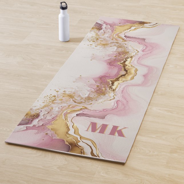 Elegant Modern Pink Gold Abstract Monogram Yoga Mat (In Situ)