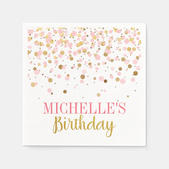 Elegant Modern Pink Gold Confetti Girl Birthday Napkin (Front)