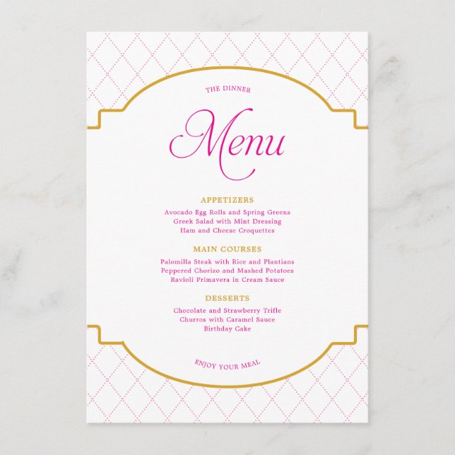 Elegant Modern Pink Gold Diamond Pattern Party Menu (Front)