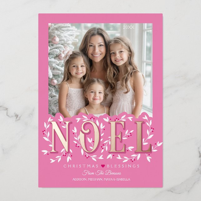 Elegant Modern Pink Gold Foil Photo Christmas Card (Front)