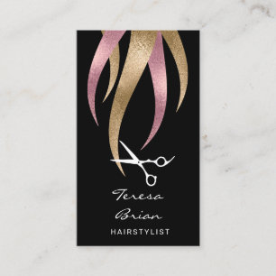 Elegant modern pink & gold scissors hairstylist business card