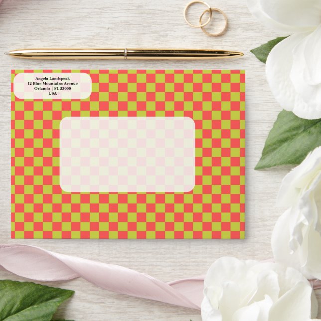 Elegant, Modern Pink & Green Colours Chequered   Envelope (Wedding)