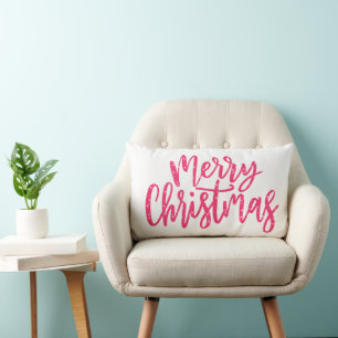 Elegant Modern Pink Merry Christmas Calligraphy Lumbar Cushion