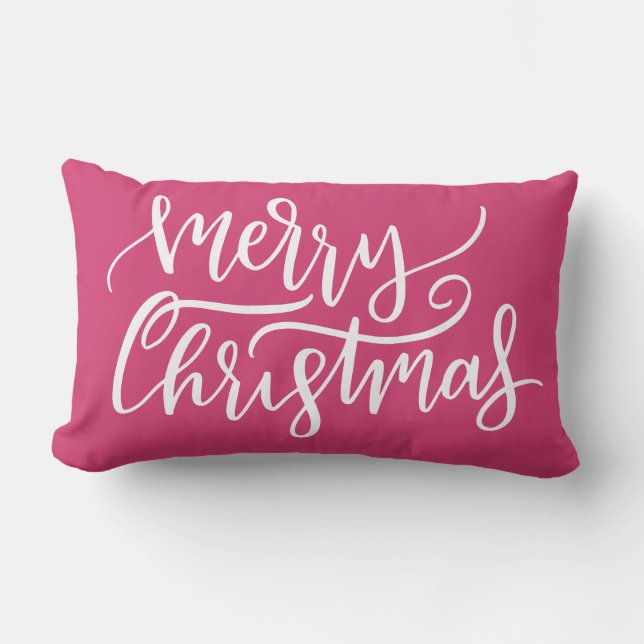 Elegant Modern Pink Merry Christmas Calligraphy Lumbar Cushion (Front)