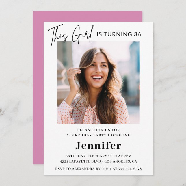 Elegant Modern Pink Photo 36th birthday Invitation (Front/Back)