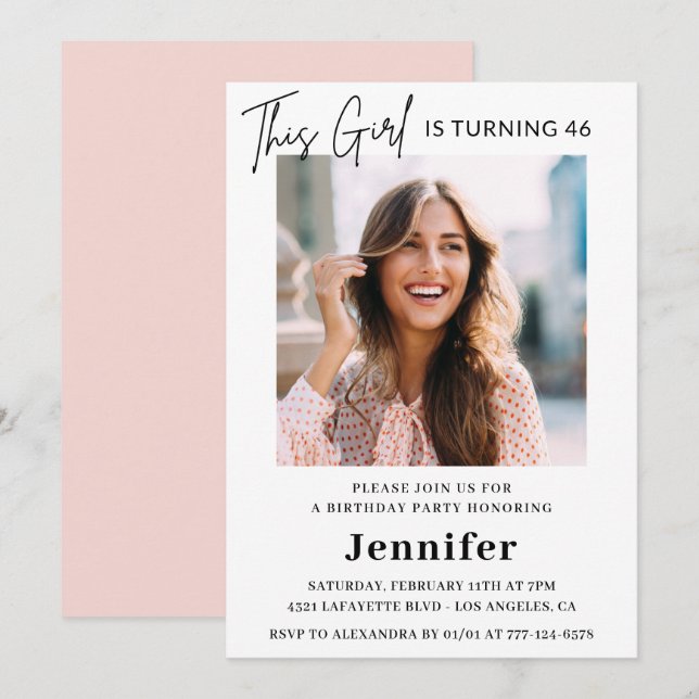 Elegant Modern Pink Photo 46th birthday Invitation (Front/Back)