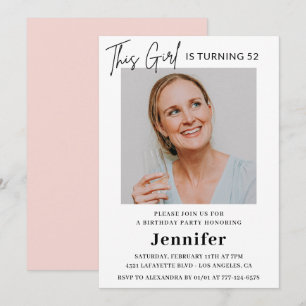 Elegant Modern Pink Photo 52nd birthday Invitation