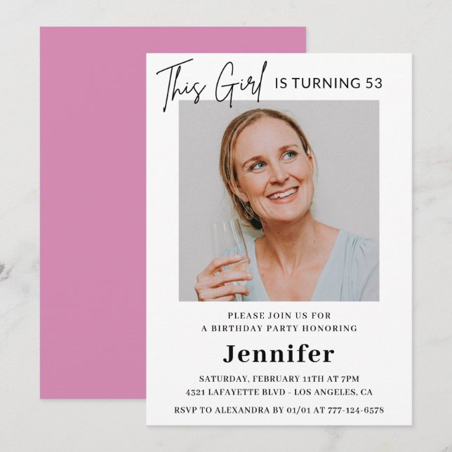 Elegant Modern Pink Photo 53rd birthday Invitation (Front/Back)