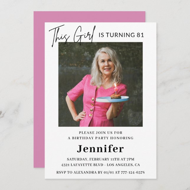 Elegant Modern Pink Photo 81st birthday Invitation (Front/Back)