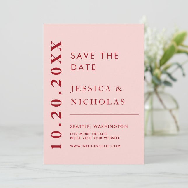 Elegant Modern Pink & Red Minimalist Wedding Save The Date (Standing Front)