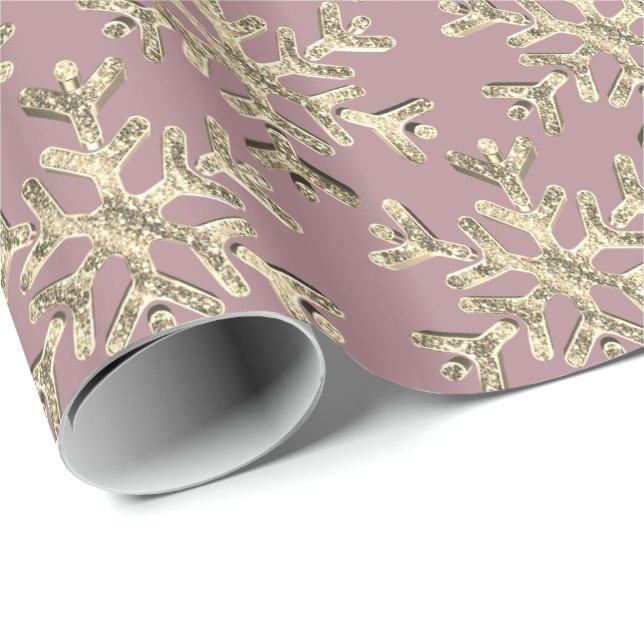 Elegant Modern Pink Rose Gold Christmas Snowflakes Wrapping Paper (Roll Corner)