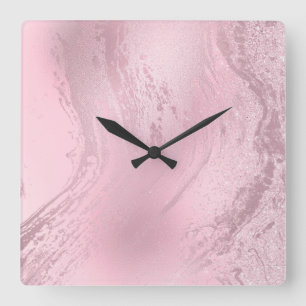 Elegant modern pink rose gold marble glitter square wall clock