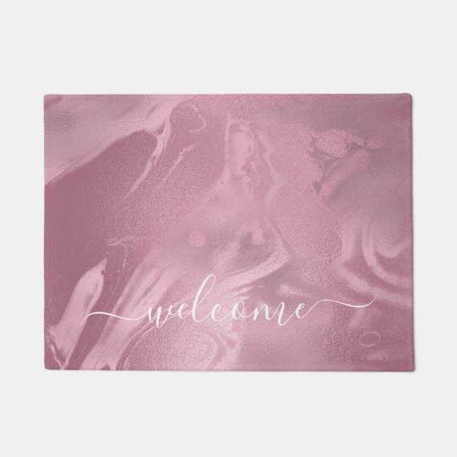 Elegant modern pink rose gold marble look doormat (Front)