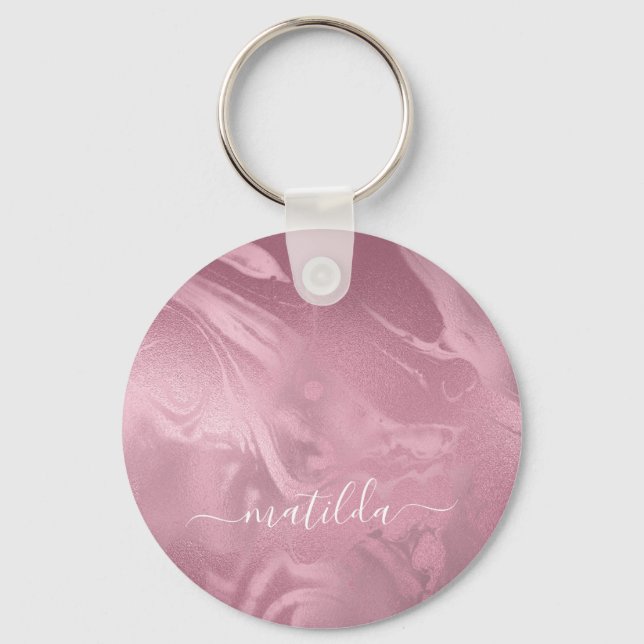 Elegant modern pink rose gold marble look key ring (Front)