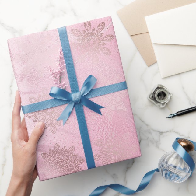 Elegant modern pink rose gold marble snowflakes wrapping paper (Gifting)