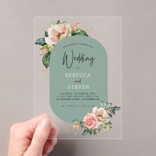 Elegant modern pink sage floral wedding acrylic invitations